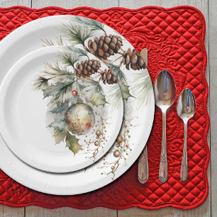 Christmas Holiday Evergreen Pinecones Ornament Paper Plate