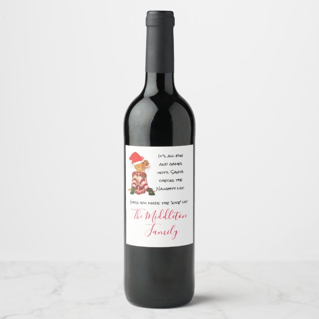 Christmas Holiday Family Funny Quote Elf Name Wine Label (Front)