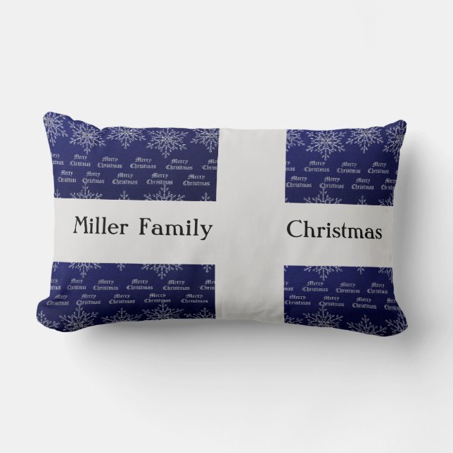 Christmas Holiday Family Name Blue White Snowflake Lumbar Cushion (Front)