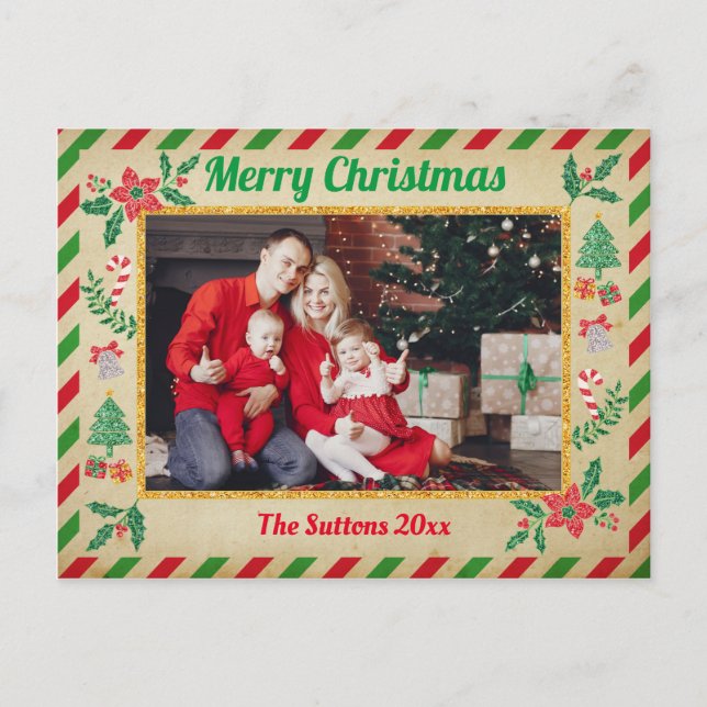 Christmas Holiday Family Photo Glitter Air Mail Postcard (Front)