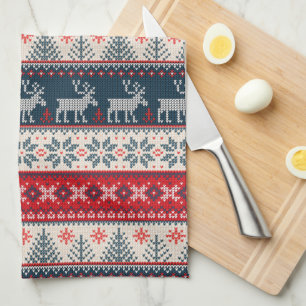 Christmas Holiday Faux Knit Pattern Nordic Theme Tea Towel