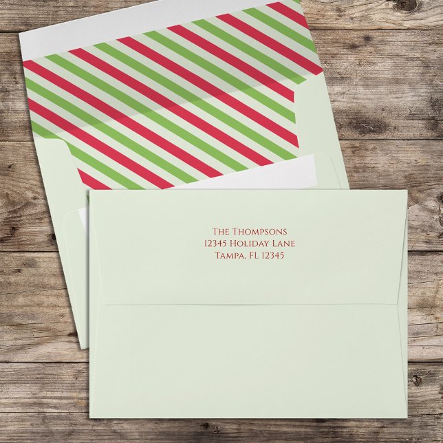 Christmas Holiday Festive Cute Red Green Striped   Envelope (Whimsical red and green striped envelope with return address on the back flap.)