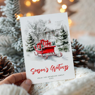 Christmas Holiday Festive Sleigh Watercolor Card