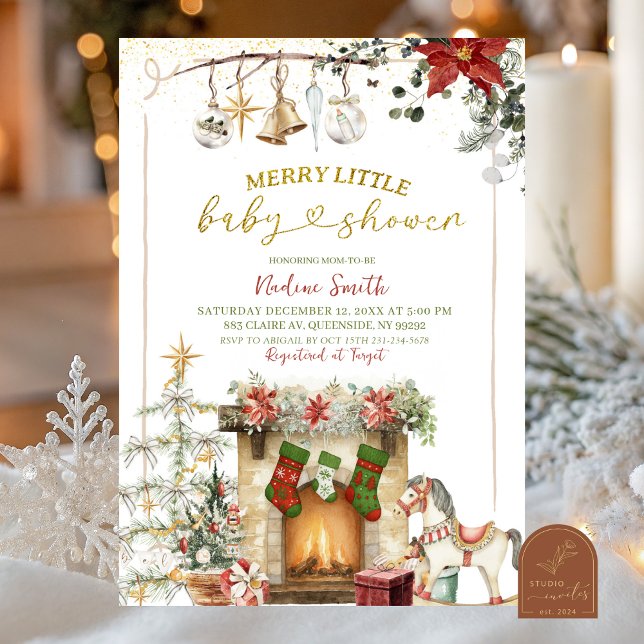 Christmas Holiday Fireplace Baby Shower Invitation (Creator Uploaded)
