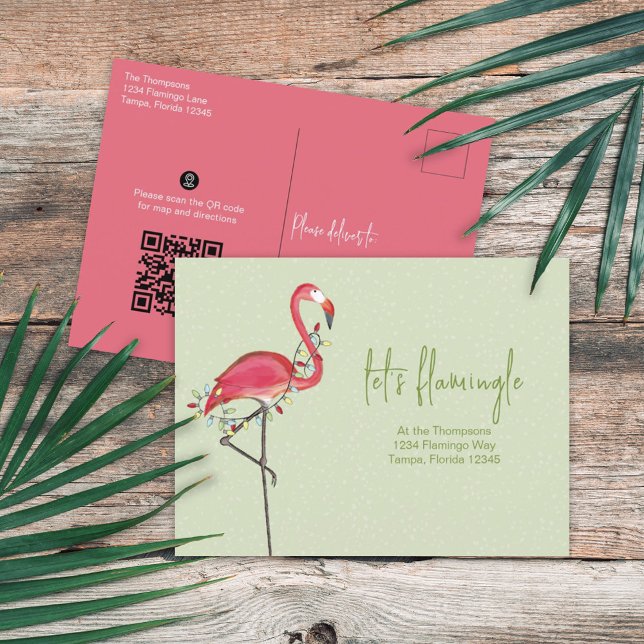 Christmas Holiday Flamingo QR Code Directions Map Postcard (Creator Uploaded)