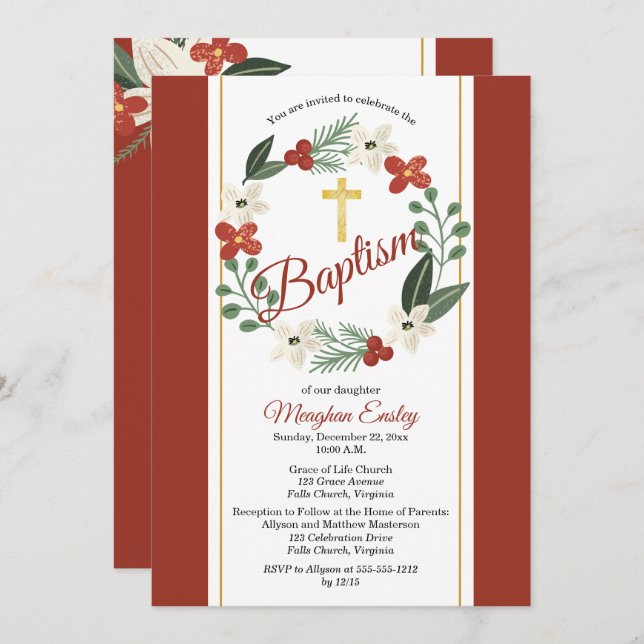 Christmas Holiday Floral Wreath Baby Baptism Invit Invitation (Front/Back)