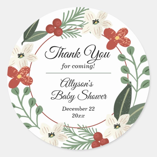 Christmas Holiday Floral Wreath Baby Shower Classi Classic Round Sticker (Front)