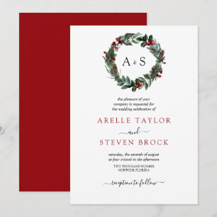 Christmas Holiday Floral Wreath berry pine Wedding Invitation