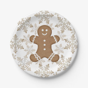 Christmas Holiday Gingerbread Man and Snowflakes Paper Plate