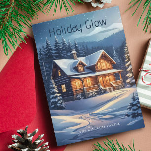 Christmas Holiday Glow Cabin Snowy Trees & Lights Card