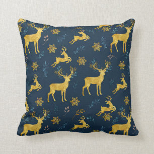 Christmas Holiday - Gold Deer on Navy Background Cushion