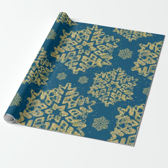Christmas Holiday Gold Glitter Snowflake Navy Blue Wrapping Paper (Unrolled)