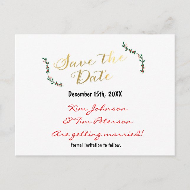 Christmas Holiday Gold Holly Postcard Save Date (Front)