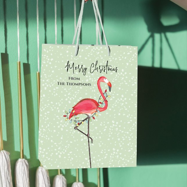Christmas Holiday Green Pink Flamingo Snow Medium Gift Bag (Merry Christmas holiday gift bag with pink flamingo)