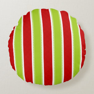 Christmas Holiday Green & Red Stripes Pattern Round Cushion