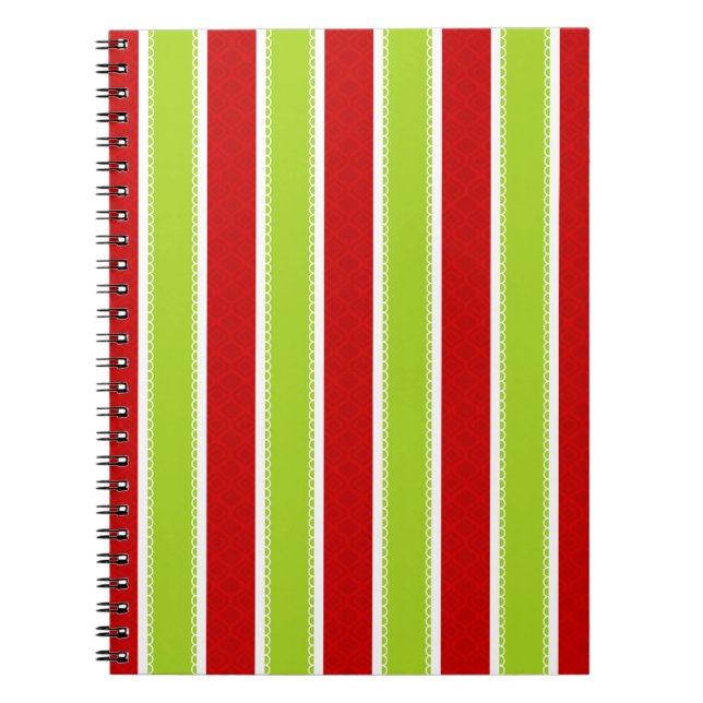 Christmas Holiday Green & Red Stripes Pattern Spiral Notebook (Front)