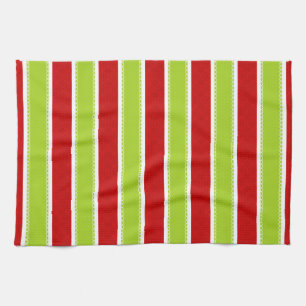 Christmas Holiday Green & Red Stripes Pattern Tea Towel