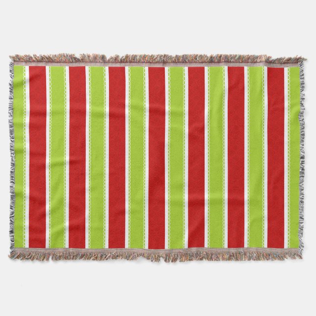 Christmas Holiday Green & Red Stripes Pattern Throw Blanket (Front)
