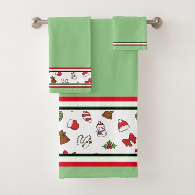 Christmas Holiday Green, Red & White Decorations Bath Towel Set (Insitu)
