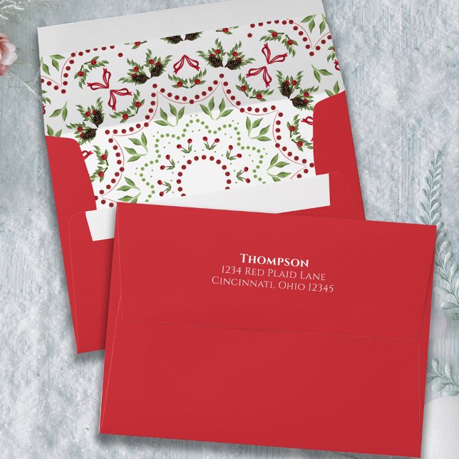 Christmas Holiday Greenery Winter Foliage Holly Envelope (Christmas holiday red pinecones and berries envelope with return address printed on the back flap. )