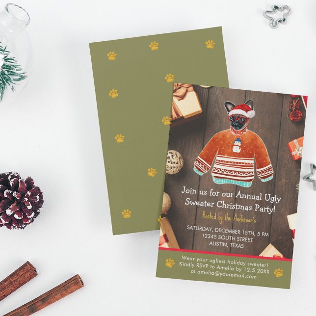 Christmas Holiday Griffon Dog Ugly Sweater Party Invitation (Front and Back)