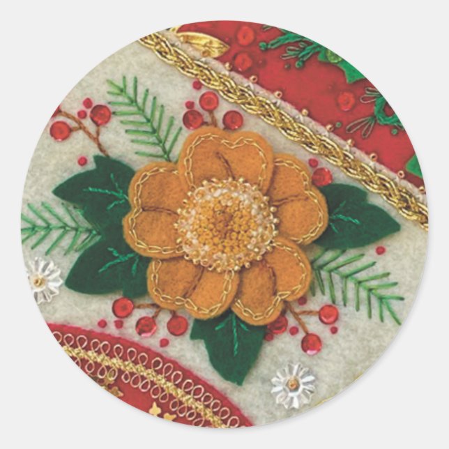 Christmas Holiday Handmade Floral Felt Stitch Classic Round Sticker (Front)