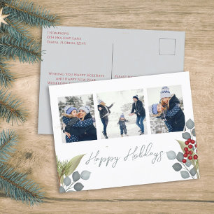 Christmas Holiday Holly Berries Greenery 3 Photo Postcard