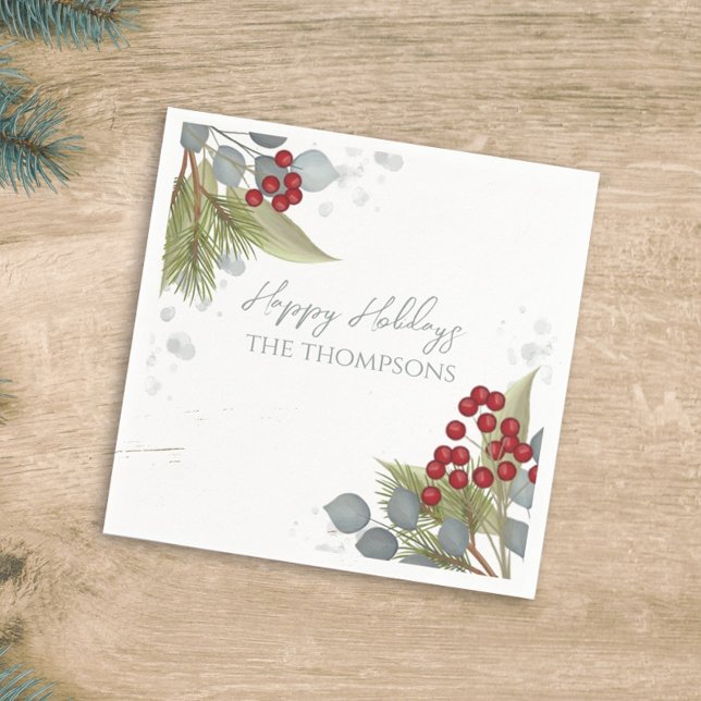 Christmas Holiday Holly Berries Greenery Silver Napkin (Creator Uploaded)