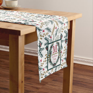 Christmas Holiday Holly Berries   Pine Monogram Sh Short Table Runner