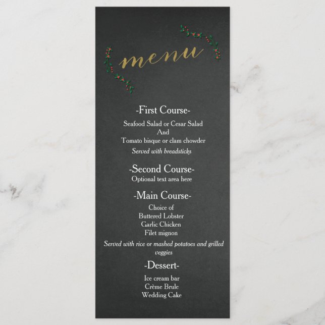 Christmas Holiday Holly Chalkboard Wedding Menu (Front)