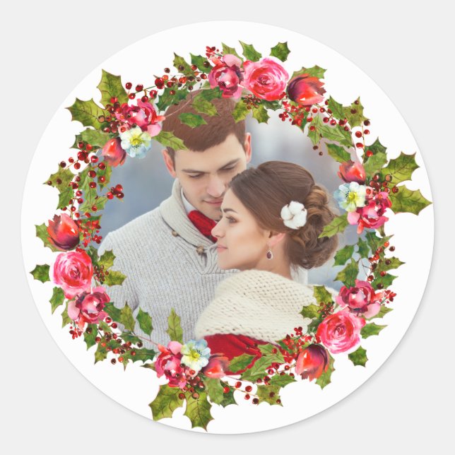 Christmas Holiday Holly Wreath and Photo Sticker (Front)