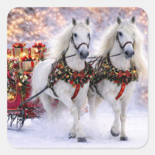 Christmas Holiday Horses Sliegh Snow Square Sticker