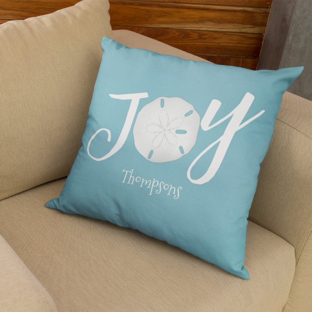 Christmas Holiday Joy Beach Turquoise Coastal  Cushion (Christmas Holiday Joy typography custom throw pillow.)