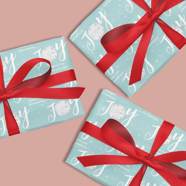 Christmas Holiday Joy Beach Turquoise Coastal Wrapping Paper Sheet (Christmas Joy typography turquoise wrapping paper with sand dollars.)