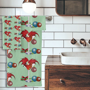 Christmas Holiday Joy Red Dragon Cocktail Cheer Bath Towel Set