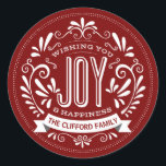 CHRISTMAS HOLIDAY JOY ROUND CHALK ART STICKERS<br><div class="desc">WISHING YOU JOY & HAPPINESS: Bright and cheerful whimsical round chalkboard style Christmas ornament with retro banner, vintage red and white typography, and fancy swirls. Personalise this decorative holiday ROUND label with your family name or custom greeting. Contemporary, classic, modern and stylish way to send trendy happy winter holiday greetings...</div>