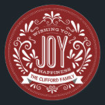 CHRISTMAS HOLIDAY JOY ROUND CHALK ART STICKERS<br><div class="desc">WISHING YOU JOY & HAPPINESS: Bright and cheerful whimsical round chalkboard style Christmas ornament with retro banner, vintage red and white typography, and fancy swirls. Personalise this decorative holiday ROUND label with your family name or custom greeting. Contemporary, classic, modern and stylish way to send trendy happy winter holiday greetings...</div>