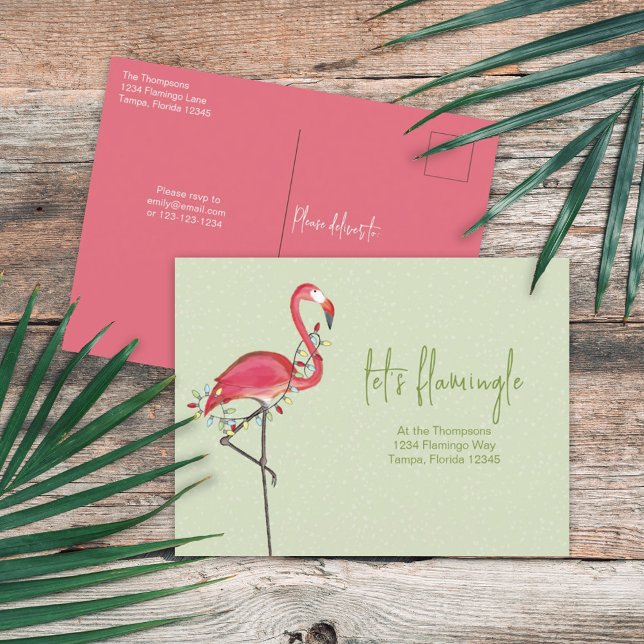 Christmas Holiday Lights Pink Festive Flamingo Inv Postcard (Creator Uploaded)