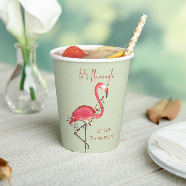 Christmas Holiday Lights Pink Whimsical Flamingo Paper Cups (Insitu)