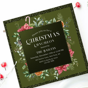 Christmas Holiday Luncheon Glitter Winter Floral Invitation