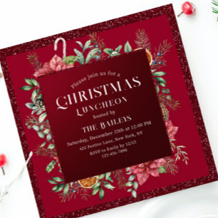 Christmas Holiday Luncheon Glitter Winter Floral Invitation
