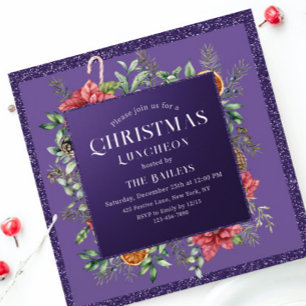 Christmas Holiday Luncheon Glitter Winter Floral Invitation