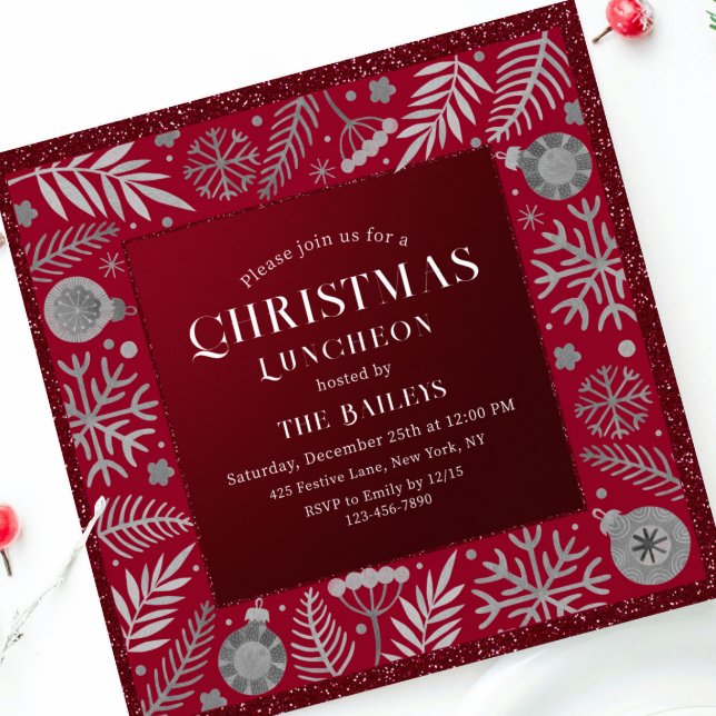 Christmas Holiday Luncheon Glitter Winter Floral Invitation (Creator Uploaded)