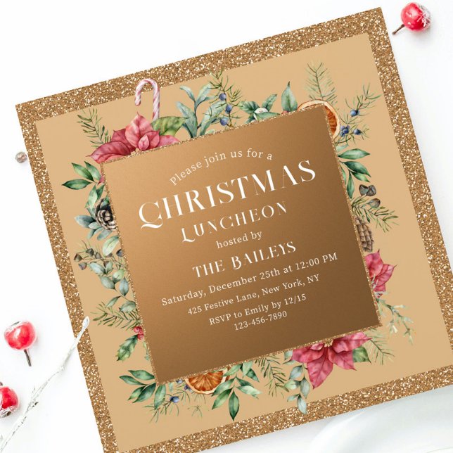 Christmas Holiday Luncheon Glitter Winter Floral Invitation (Creator Uploaded)
