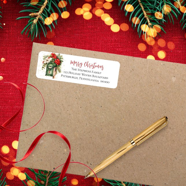 Christmas Holiday Mailbox Floral Monogram (Elegant Holiday "Merry Christmas" Mailbox Poinsettia Floral Return Address Label)