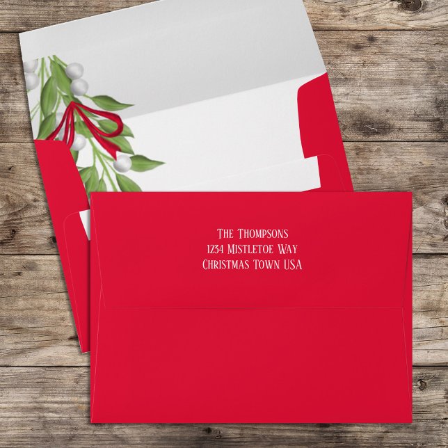 Christmas Holiday Merry Mistletoe Whimsical Cute Envelope (Red Christmas holiday mistletoe simple envelope with return address printed. )