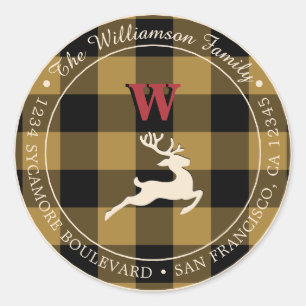 Christmas Holiday Monogram Gold Ochre Gingham Classic Round Sticker
