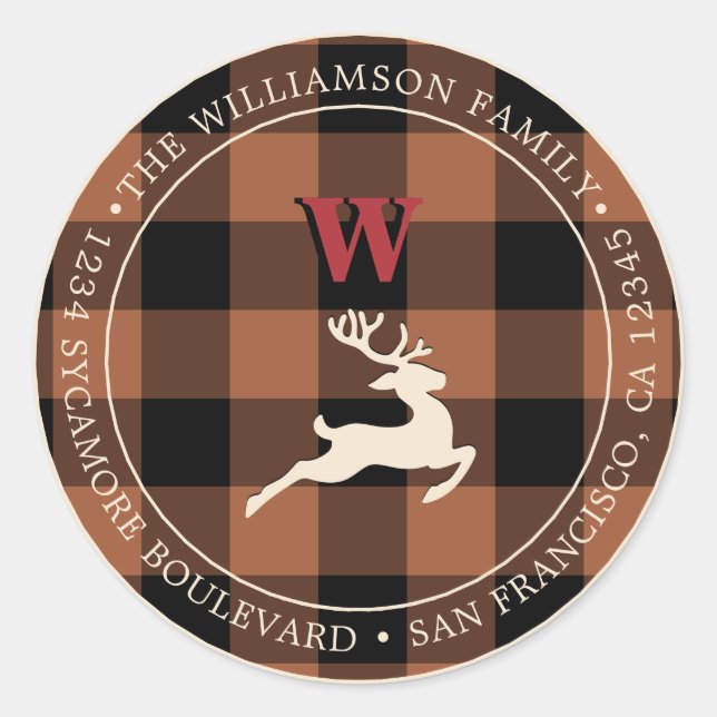 Christmas Holiday Monogram TerraCotta Gingham Classic Round Sticker (Front)