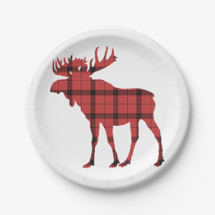 Christmas Holiday Moose Red Plaid Tartan Pattern Paper Plate
