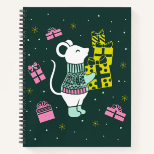 Christmas Holiday Mouse with Presents Illustration Notebook
